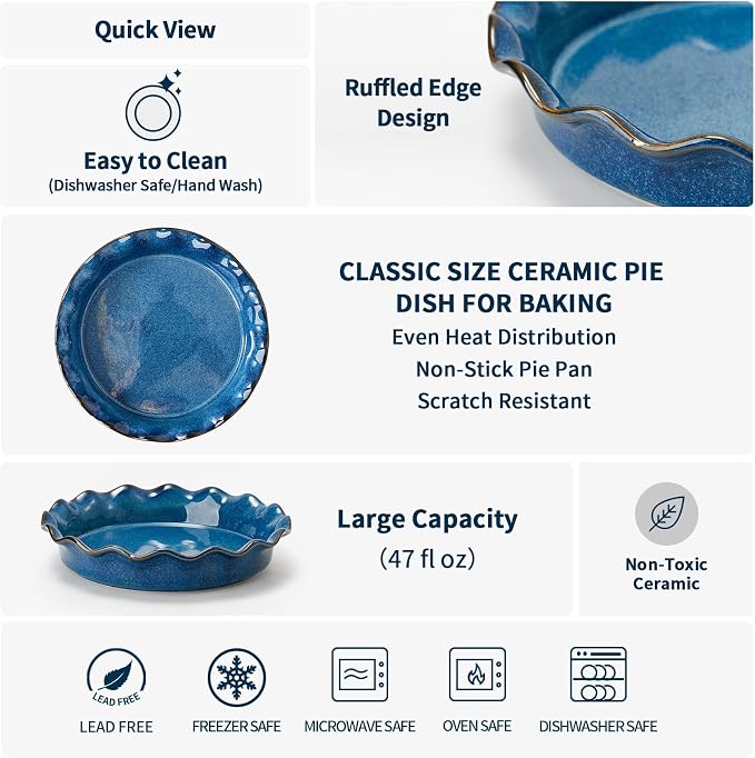Ceramic Pie Pan for Baking[10.5 inch],Reusable NonStick Ceramic Baking Dish | Reusable NonStick Ceramic Pie Plate with Ruffled Edge,Deep and Fluted Pie Dish for Apple Pie,Quiche,Pot Pies, Tart, etc（Blue）
