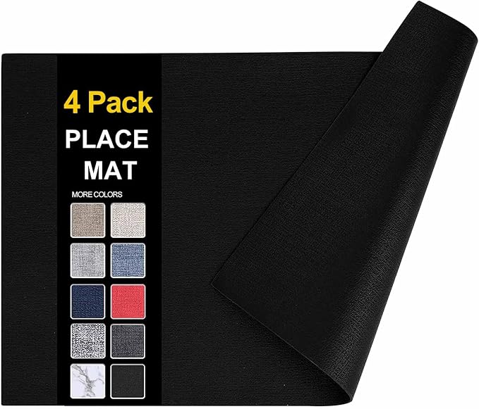 Faux Leather Heat Resistant Placemats 4 Packs, Waterproof Wipeable Dining PU Place Mats for Indoor & Outdoor, Easy to Clean, Black