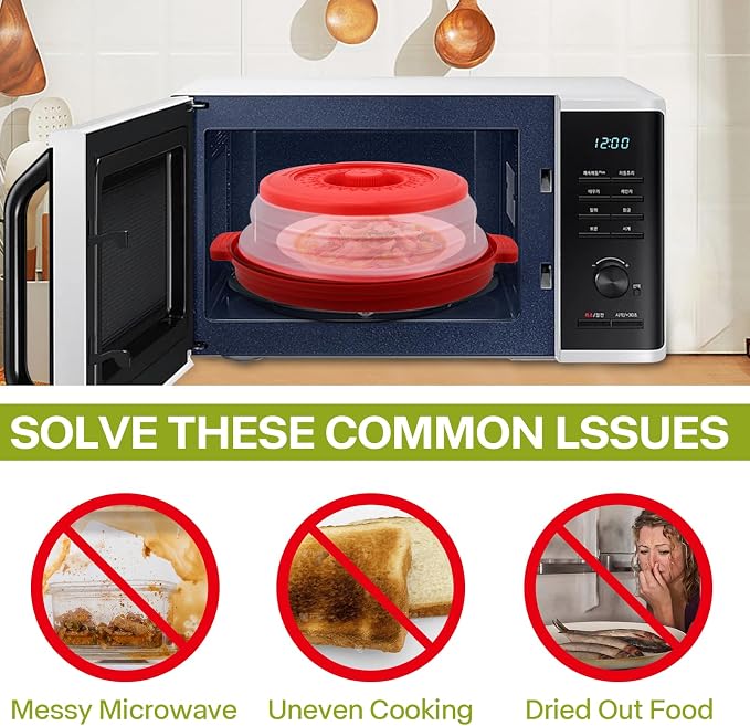 Microwave Splatter Cover for Food with Anti-scald Base Plate,Large Plastic & Silicone Vented Avoid Scalding Collapsible Guard Lid,Kitchen Essential Gadgets for Meal Prep-10.7 Inch (Red)