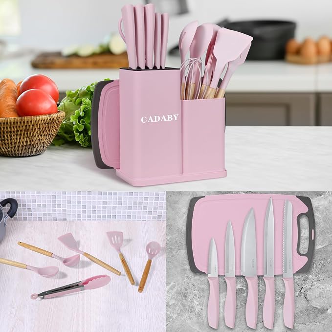 19 PCS Pink Kitchen Cooking Utensils Set Kitchen Tools Set | 6 Stainless Steel Knives, 11 Silicone Utensils with 1 Cutting Board, Ideal for Apartment
