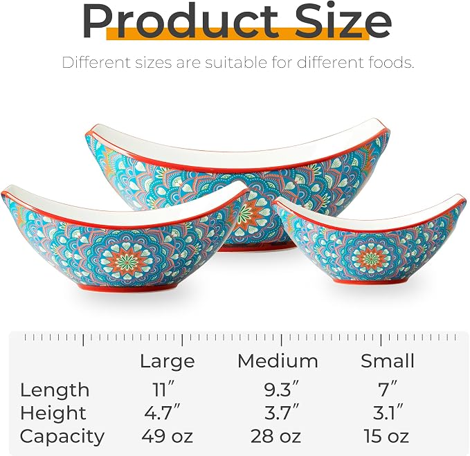 LAUCHUH Serving Dishes, Porcelain Bohemian Serving Bowls with Handles | Mixing Bowls Set Salad Bowls Nesting Bowls for Entertaining, Thanksgiving Party, Bowl Set of 3, 15/28/49 oz, Blue and Yellow