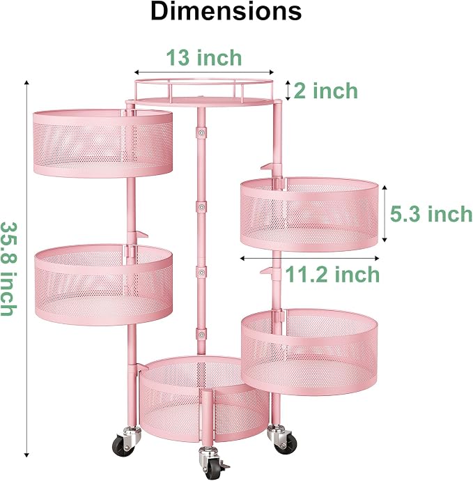 SAYZH 5 Tier Fruit Vegetable Basket Stand for Kitchen, Rotating, Pink | Rolling Storage Cart with top lid, Large Metal Wire Rack for Potato and Onion Storage