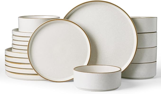 Famiware Nebula 18-Piece Dinnerware Set, Matte Beige White with Brown Rim | Stoneware Plates and Bowls, Handmade Reactive Glaze, Microwave & Dishwasher Safe, Chip & Scratch Resistant