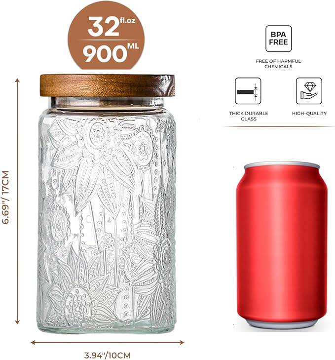 Glass Storage Containers With Lids, Glass Jars With Lids, 32oz, Set Of 3 | Airtight Glass Food Storage Containers, Kitchen Canisters For Sugar, Coffee, Tea, Spice, Flour, Candy, Pasta, Cereal