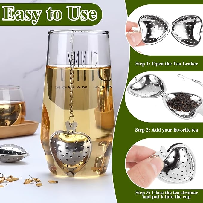 50 Pack Tea Strainer, Stainless Steel Tea Infuser, Heart Tea Ball for Loose Leaf Tea, Tea Interval Infuser, Tea Filters with Extended Chain Hook for Seasonings Cup Bottle