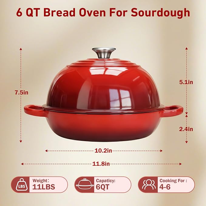 Cast Iron Dutch Oven with Lid, 6 Quart Enameled Bread Oven for Sourdough Baking, Round Heavy Duty Cast Iron Pot with Dome Lid, Red
