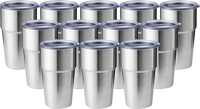 MEWAY 16oz Tumbler Double Wall Vacuum Insulated Travel Mug Bulk, Stainless Steel Tumblers with Lid, Powder Coated Coffee Cups for Cold & Hot Drinks (Silver,12 Pack)