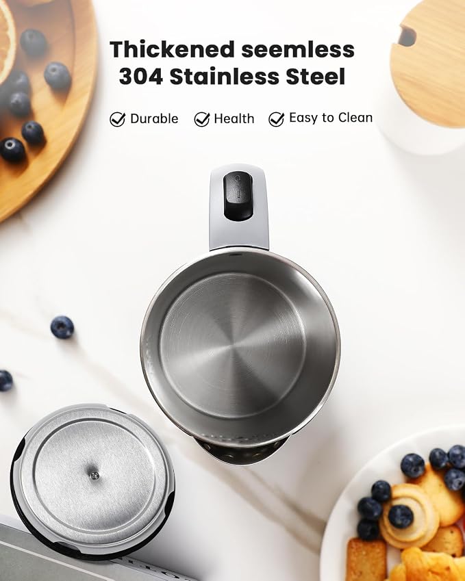 Small Kettle Electric, 0.8L Double Wall Portable Travel Kettle with 304 Stainless Steel, 600W Mini Hot Water Boiler with Auto Shut-off, Fast Boil, BPA-Free