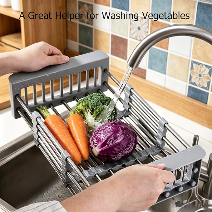 Expandable Sink Dish Drying Rack, Stainless Steel & ABS Sink Colander, Adjustable, Non-Slip, Over The Sink Storage Rack for Kitchen Fruit, Vegetable and Dish Drying (Black, Large)