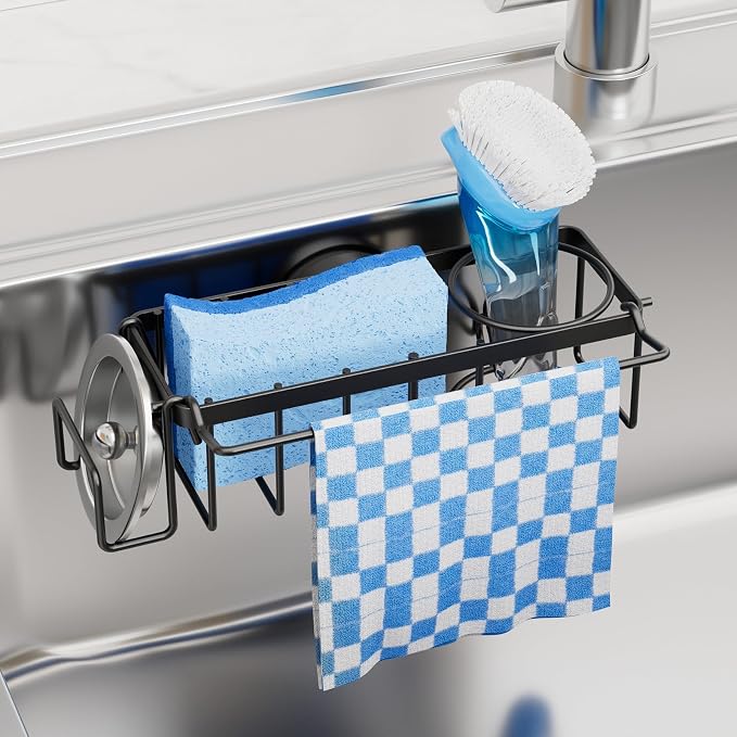 TAILI 4-in-1 Sink Caddy for Kitchen Sink with Strong Suction Cup-Black | Removable Sponge Holder for Kitchen Sink Organizer, Rustproof 304 Stainless Steel Holder for Sponge, Brush, Scrubber, Scraper