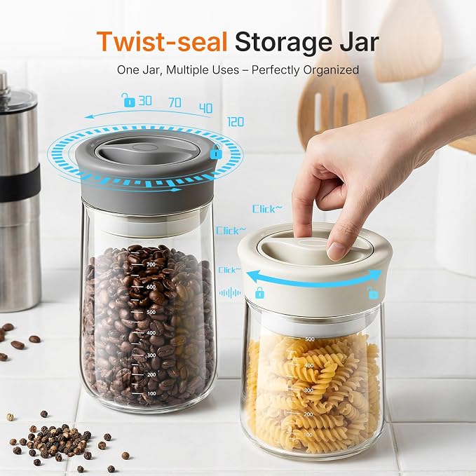 27oz Glass Jar with Airtight Twist-Seal Lid for Coffee Beans | Clear Borosilicate Mason Jar With Scale, Wide Mouth, Easy-Clean/Open, Twist-to-Lock Freshness for Coffee, Tea, Nut, Dry Goods