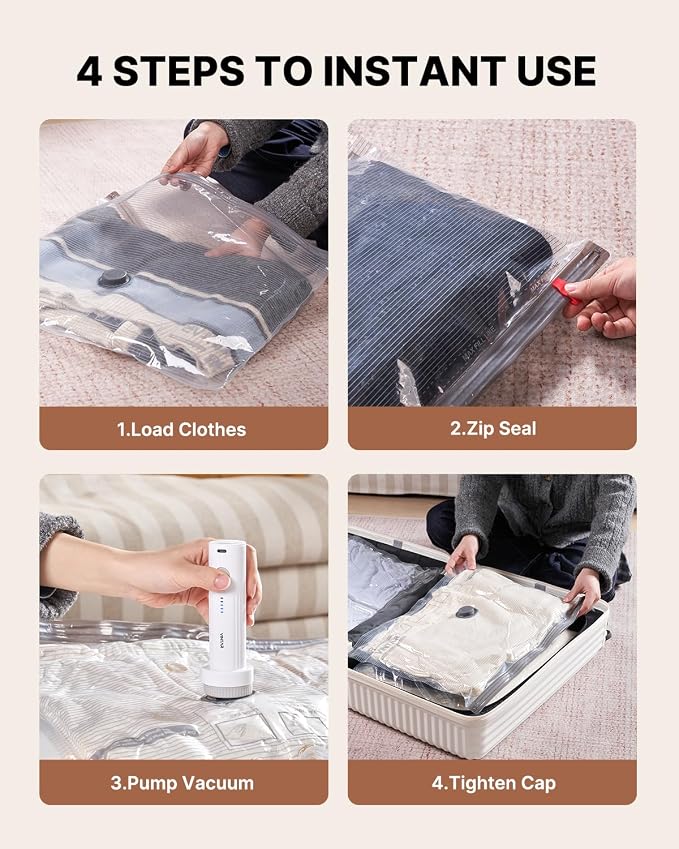 VINTAR 24 Pack Vacuum Seal Bags for Clothing Travel with Wireless Pump | Rechargeable Cordless Pump, Triple-Seal Leak-Proof, 24-Pack 4 Sizes (6J+6L+6M+6S) for Travel Luggage, Suitcase, Home Storage
