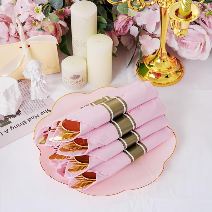 30 Pack Gold Plastic Silverware Set with Pre Rolled Pink Napkin | Heavy Duty Disposable Wrapped Cutlery with Pink Linen Feel Napkins for Birthdays, Weddings, Parties & Special Events