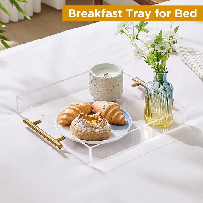 12"x12" Clear Acrylic Serving Tray with Golden Handles, Sturdy Huge Capacity Acrylic Trays for Coffee, Juice, Kitchen and Desk Organizer, Storage Tray (12"x12")
