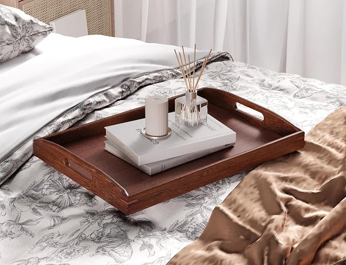 Bamboo Set of 2 Serving Trays with Handles Decorative Tray(Brown) | 2 Pack, Decorative Trays, for Coffee Table, Kitchen Counter, Breakfast, Party