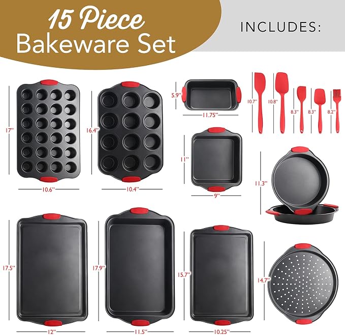 Baking Sheet Set - Cookie Sheet Set with Silicone Handles - Steel Baking Pans Set - Durable Baking Sheets for Oven - BPA Free Cookie Sheets for Baking Nonstick Set - 15 Piece Set, Black