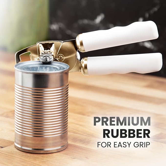 Zulay Kitchen Heavy Duty Stainless Steel Can Opener Manual with Bottle Opener - Rust Proof Manual Can Opener With Turn Knob & Comfy Soft Grip Handles - White & Gold