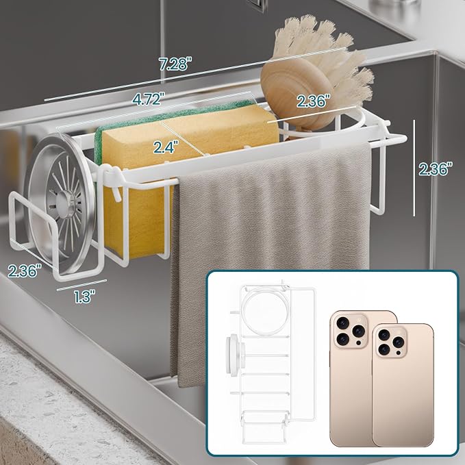 TAILI 4-in-1 Sponge Holder for Kitchen Sink with Strong Suction Cup-White | Removable Rustproof 304 Stainless Steel Multi-compartment Sponge Holder with Suction Cup, Keeps Brushes & Scrubbers Tidy