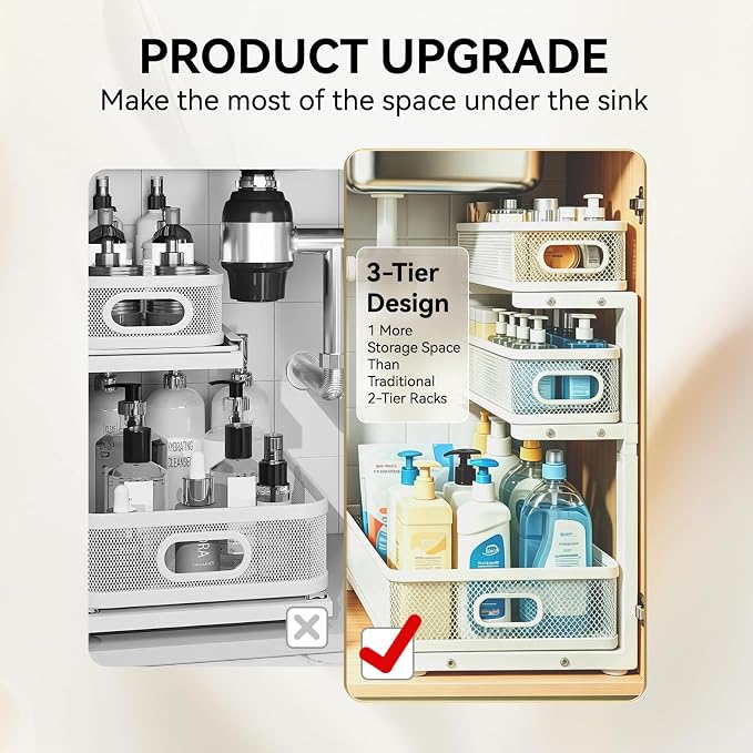 1 Pack 3 Tier Under Sink Organizer with Pull Out Drawer, Height Adjustable Heavy Duty Metal Under Cabinet Organizer, Smooth Sliding Storage Shelf for Kitchen, Bathroom Cabinet Organization, White
