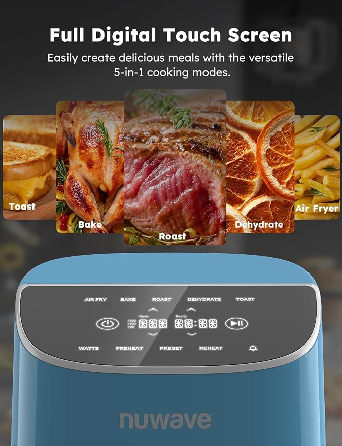 Nuwave Brio Plus 8 Qt Air Fryer, PFAS Free, New & Improved, 50-400°F in 5°F | Digital Touchscreen, Cool White Display, Ceramic Nonstick Coating, 5 Modes, 100 Presets/50 Memory, 700/1500/1800W, Cozy Blue