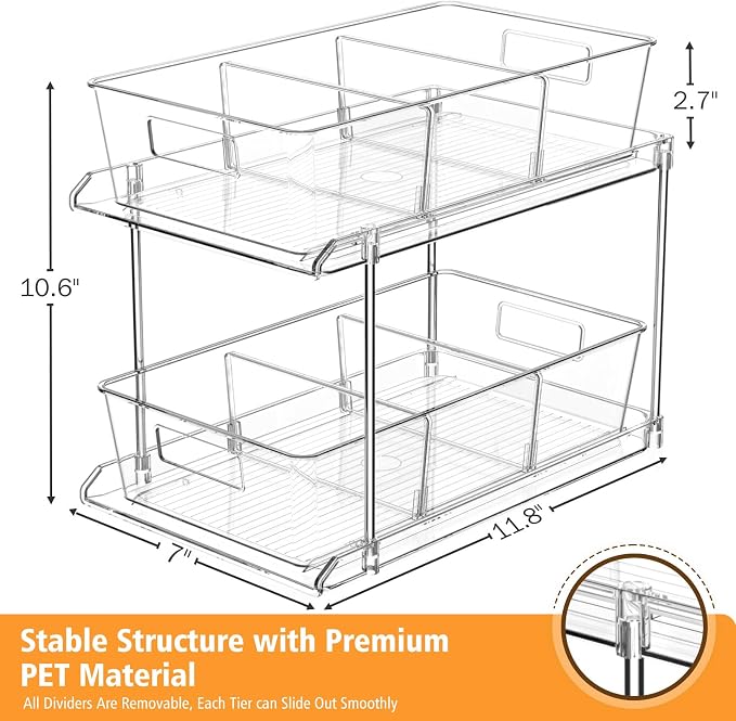 Bathroom Under Sink Organizers and Storage, 2 Tier, 1 Pack | Clear Vanity Countertop Pull-out Cabinet Organizer, Stackable Multi-Purpose Kitchen Pantry Organization with Dividers