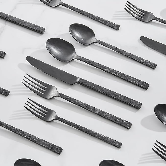 20 Pcs Black Hammered Silverware Set for 4, 18/10 Stainless Steel Heavy Duty Flatware Set, Tableware Cutlery Utensil Sets for Home Restaurant Dishwasher Safe