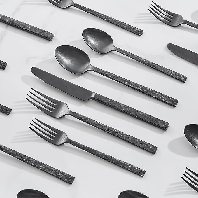30 Pcs Black Hammered Silverware Set for 6, 18/10 Stainless Steel Heavy Duty Flatware Set, Tableware Cutlery Utensil Sets for Home Restaurant Dishwasher Safe