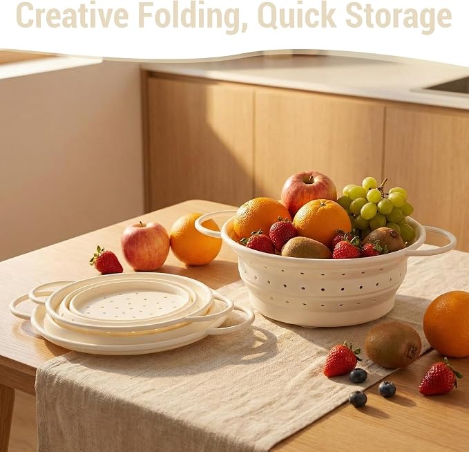 3 Pack Collapsible Colander with Strainer Bowl Set,White | 11 & 13 In Silicone Colanders for Kitchen, Heat-Resistant Strainer Dishwasher Safe Baskets for Vegetable Fruits