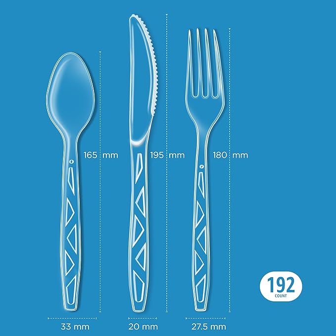 Amazon Basics Disposable Clear Plastic Cutlery Set, Premium Quality, Strong, 192 Count, Large Combo Pack Forks, Spoons and Knives (Pack of 6)