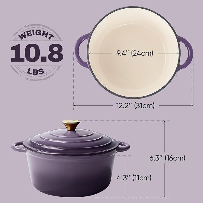 Vintage Style 4.5 Quart Dutch Oven Pot with Lid, Non Stick Enameled Cast Iron Dutch Oven for Bread Baking, Heavy-Duty, Oven Safe Ceramic Cookware Up to 500°F for Baking, Braising, Stews, Roasting, Purple