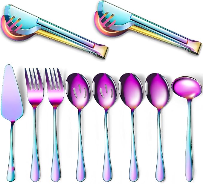 Patelai Serving Utensils Set Include Stainless Steel Large Spoons Slotted Spoons Forks Tongs Soup Ladle and Pie Server for Parties Buffet Catering, Dishwasher Safe(Rainbow,10 Pieces)
