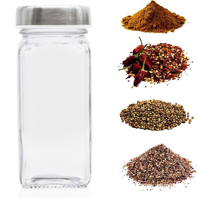 Tianifa 6pcs Spice Jars, 4 oz Glass Seasoning Bottles, Spices Container, Empty Spice Jars, Square Spice Bottles with Airtight Stainless Steel Caps with Shaker Lid