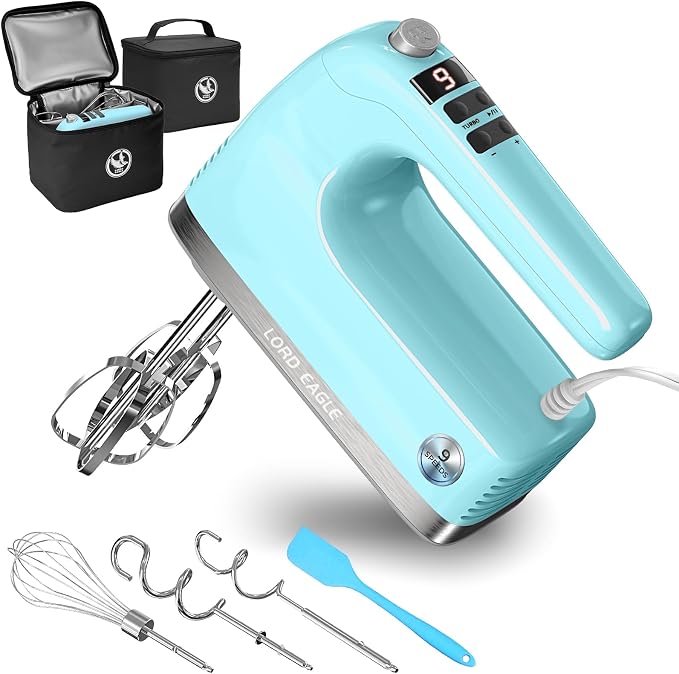 Lord Eagle 9-Speed Digital Hand Mixer Electric Handheld, 500W DC Motor | Kitchen Mixer for Cake Baking, Lightweight Egg Beaters with Stain-resistant & Waterproof Storage Bag & 6 Accessories, Blue