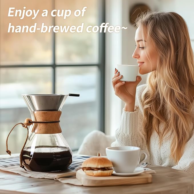 Pour Over Coffee Maker 27 OZ, 8 Cup Borosilicate Glass Drip Coffee Maker with Reusable Stainless Steel Filter and Cork Grip for Home Café 800 ML (Diamond Shape)