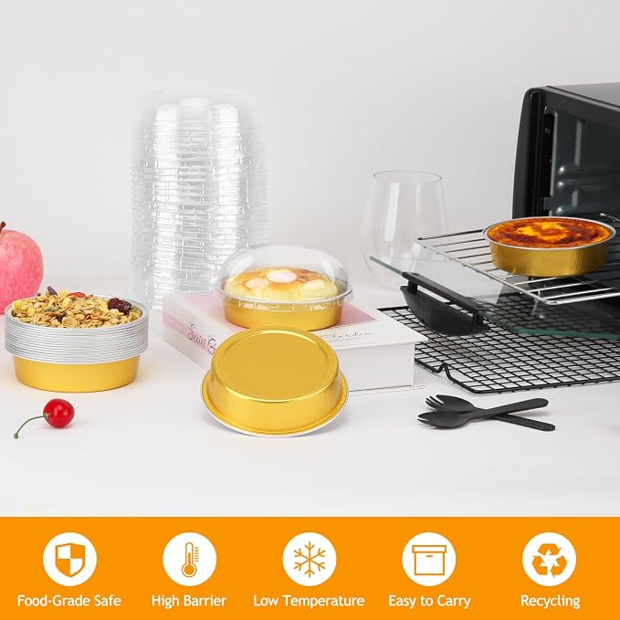 LNYZQUS 8oz Mini Pie Tins with Lids 50 Pack, 4 Inch Individual Cake Pans | Foil Disposable, Small Cake Tins, Mini Pie Containers, for Bake Sale Baking and Packaging, Round Gold