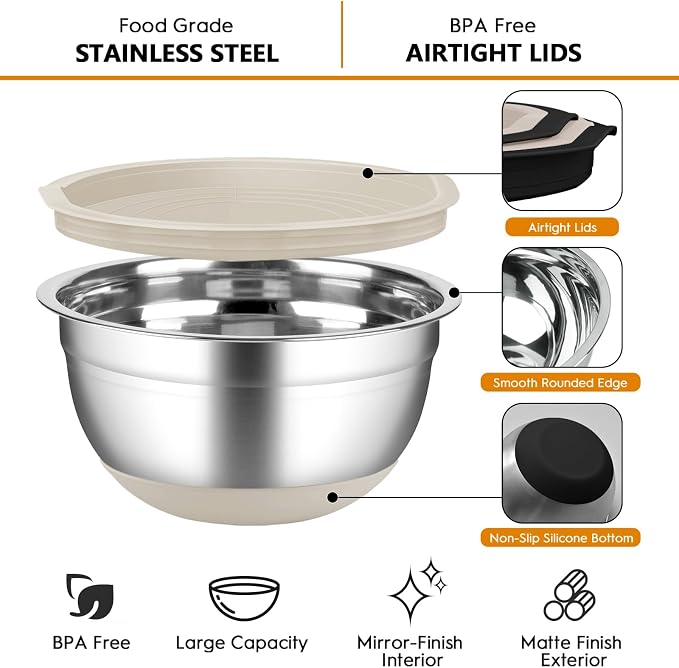 Mixing Bowls with Airtight Lids, 18pcs Stainless Steel Mixing Bowls Set | Nesting Non-slip Silicone Bowls Bottom, Size 4.5, 3.6, 2.7, 2.1, 1.7, 1.1, 0.7 qt, Fit for Mixing & Serving(Khaki)
