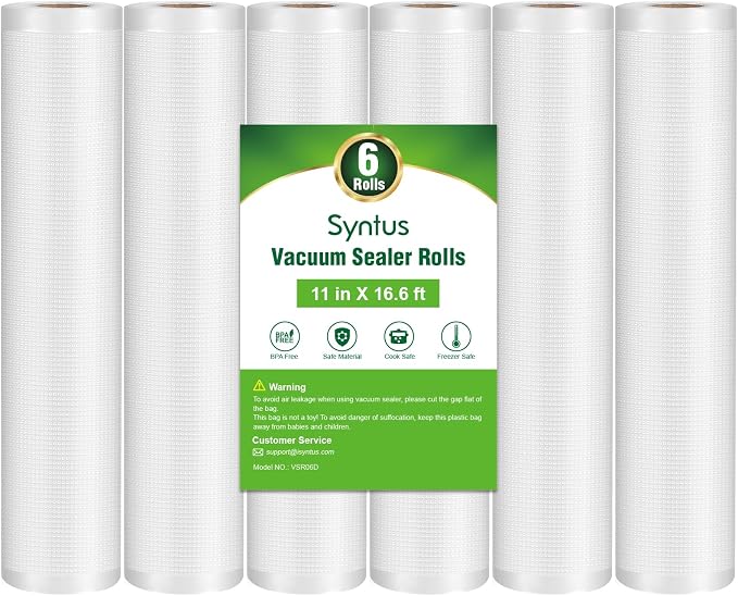 Syntus 6 Rolls 11" x 16.6' Vacuum Sealer Bags, BPA Free for Food Storage | 4mil Thick, Custom Length, Keep Food Fresh Longer, Freezer Microwave Sous Vide Cooking, Works with Most Vacuum Sealers