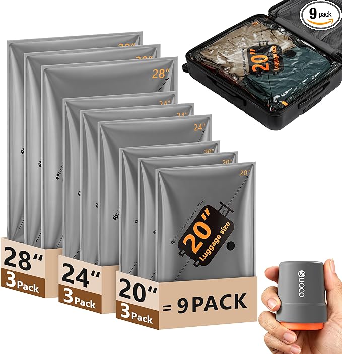 Travel Vacuum Bags with Cordless Electric Pump, 9 Combo Compression Packing Cubes for Clothing Clothes, Luggage Suitcase Organizer, Space Saver Vacation Cruise Travel Essentials