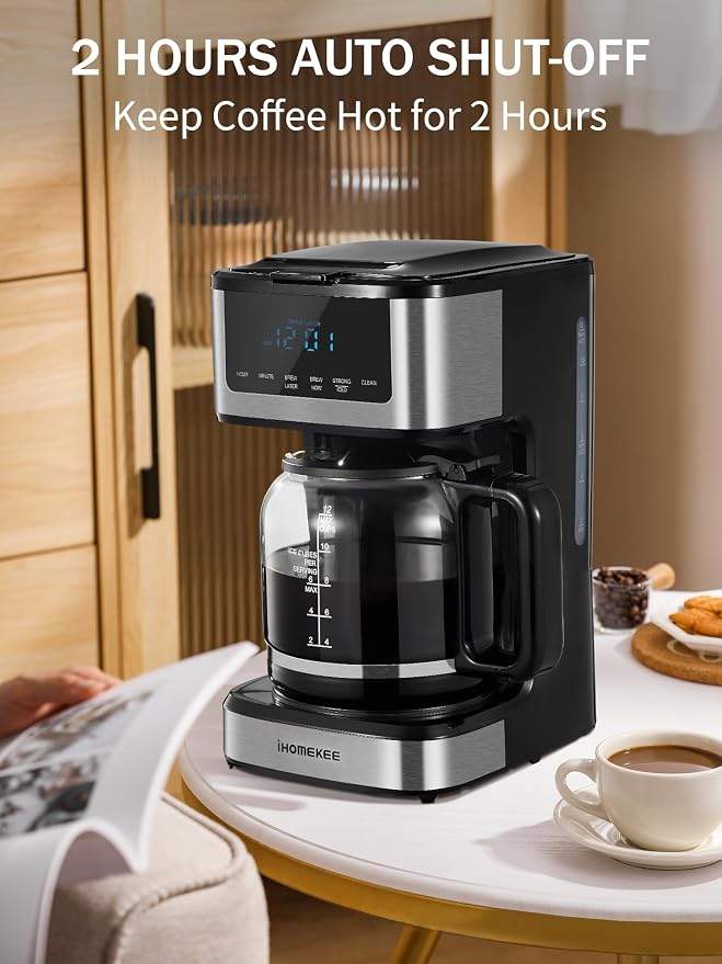 Ihomekee Coffee Maker, Programmable Drip Coffee Machine 12 Cup | Regular & Strong Brew Model, Iced Coffee Function for Home and Office, Black & Stainless Steel (Black,Silver)