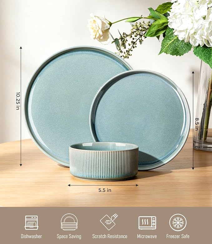 GBHOME Stoneware Dinnerware Sets for 8, 24-Piece Plates and Bowls Set | Handmade Reactive Glaze Ceramic Dish Set, Scratch Resistant, Dishwasher&Microwave Safe,Malachite Green