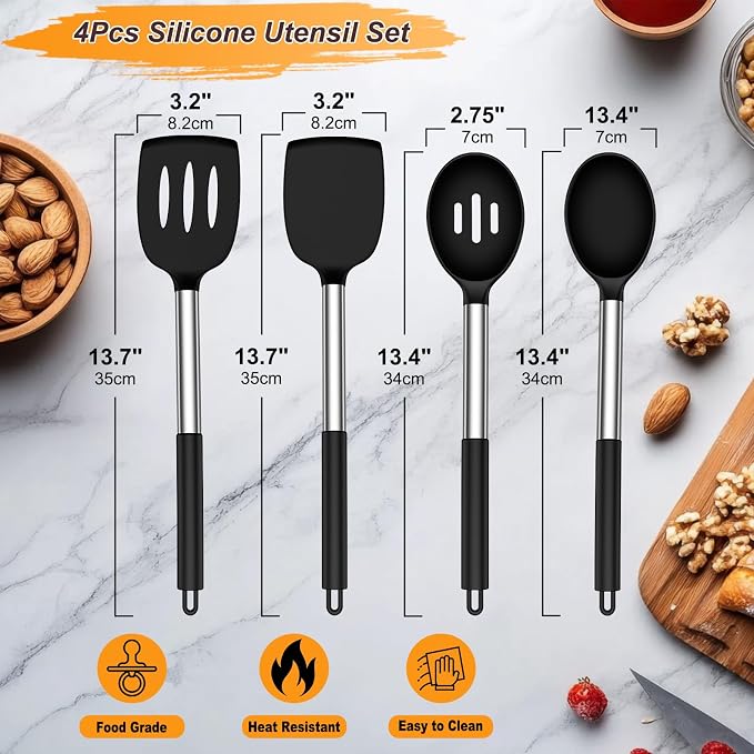Yoehka Silicone Cooking Utensils Set, 4Pcs Spatula and Spoon Set, Black | For Non-stick Cookware, Heat Resistant 446°F (232°C), Stainless Steel Handle, Food Grade