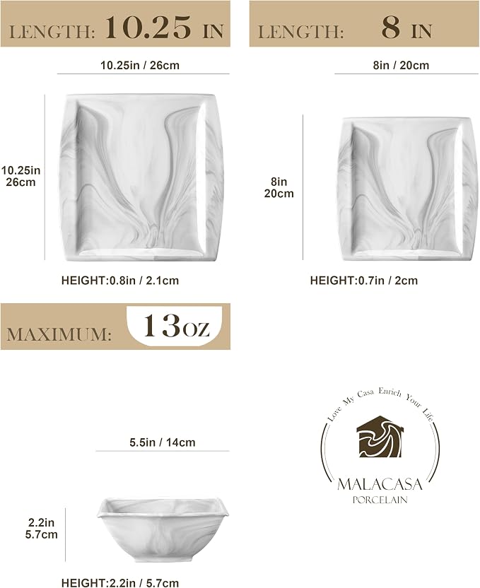MALACASA Plates and Bowls Sets, 12-Piece Porcelain Dinnerware Sets for 4, Square Plates and Bowls for Dessert, Salad and Soup, Ceramic Dishes Dining Dishware Set, Marble Grey, Series Blance | Complete with Plates, Bowls, Cups, Saucers, Microwave Oven a...