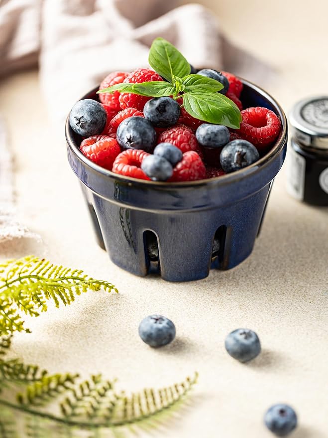 Gomakren Ceramic Berry Bowls with Holes Set of 2 for Fridge, Cobalt Blue | Drain holes keep fruits fresh, stackable, wash & serve, round strawberry basket for fridge kitchen counter, lovely home gift