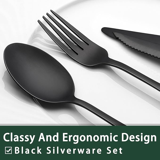 EWFEN 24-Piece Black Silverware Set with Steak Knives, Black Flatware Set for 4, Food-Grade Stainless Steel Tableware Cutlery Set, Mirror Finished Utensil Sets for Home Restaurant, Square Edge