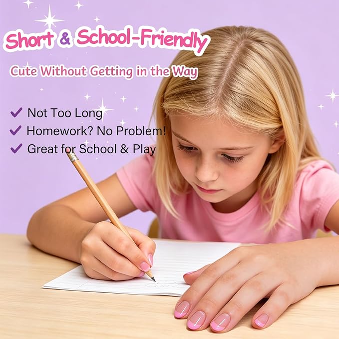 120Pcs Pink French Tip Press On Nails for Kids, 5 Pack Almond False Nails | Kids Press on Nails for 8-12, Non-Toxic, 12 Size, Fashion Nail Kit with Adhesive Tabs, Nail File, for Every Outfit