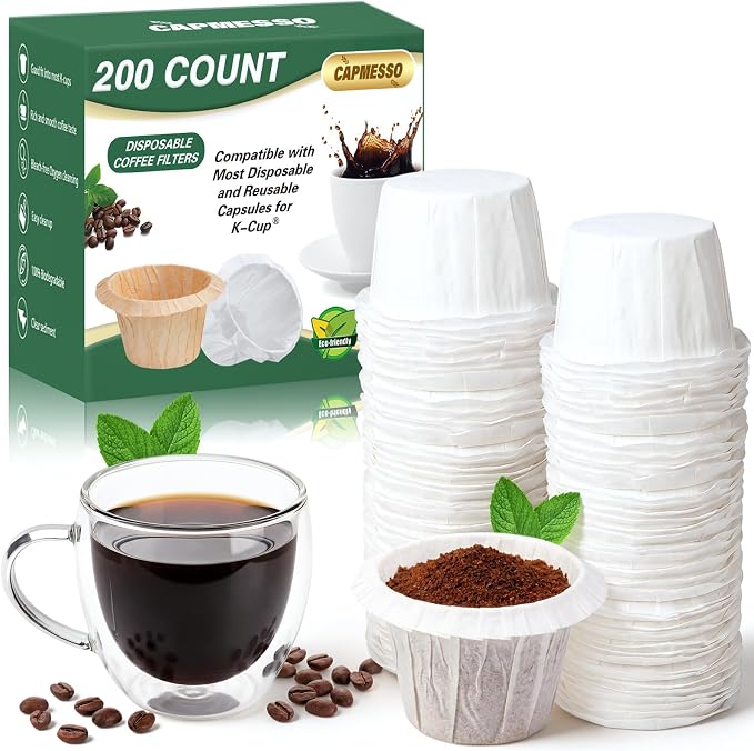 CAPMESSO Disposable Coffee Paper Filters, 200 Count Keurg Cup Coffee Filters Compatible with Keurg Brewers Reusable Single Serve 1.0 and 2.0 Coffee Maker (200 Count, White)