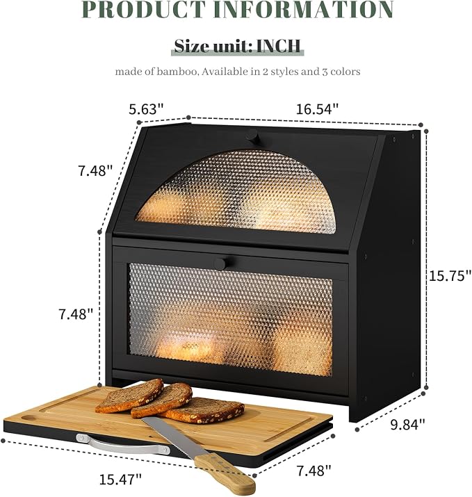 STDDRE Double Layer Bamboo Corner Bread Box with Cutting Board(Black) | Extra-large capacity. Double Layer Bread Storage Bin with Door Panel for Kitchen Counter.for kitchen counter