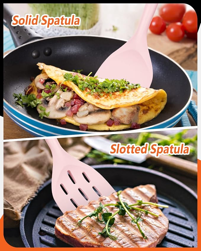 Silicone Spatula, Non Stick Turner for Cooking, Food Grade, Pink | Heat Resistant, Flexible Edge, 2 Pack Wooden Handle Kitchen Turner for Baking Mixing Grilling Serving Food