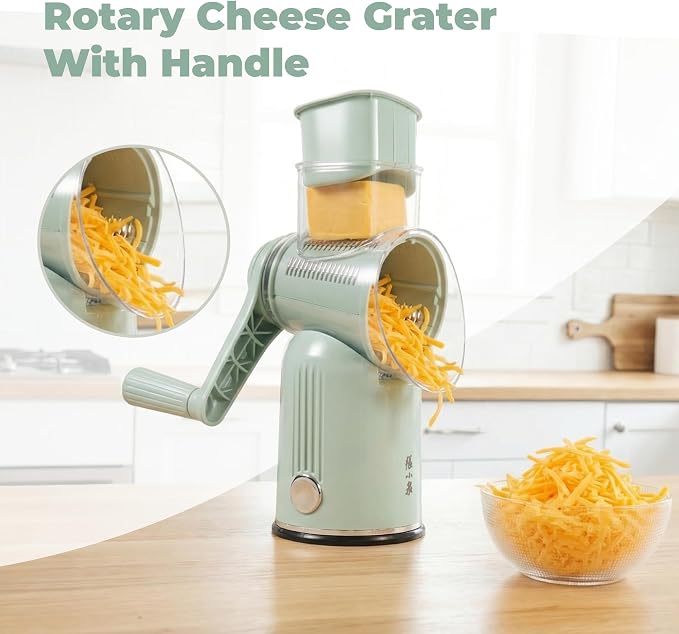 Rotary Cheese Grater Manual Hand Crank with 5 Blades & Suction Base, Kitchen Vegetable Shredder Slicer for Veggie, Nuts, Fruit, Green