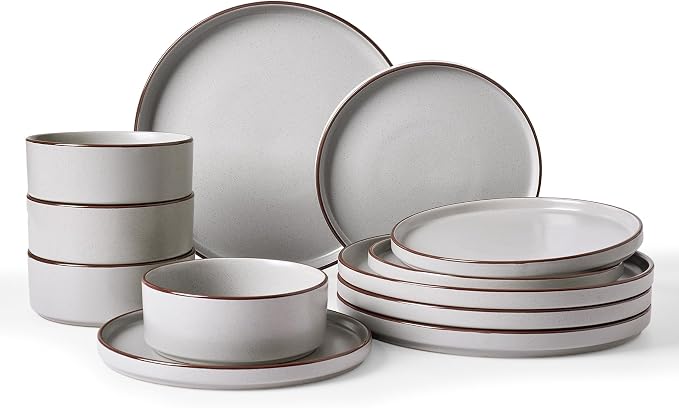 Famiware Nebula Ridge 12-Piece Stoneware Dinnerware Set, Light Gray | Plates and Bowls for 4, Warm Hand-Painted Rims, Microwave and Dishwasher Safe, Daily Essentials